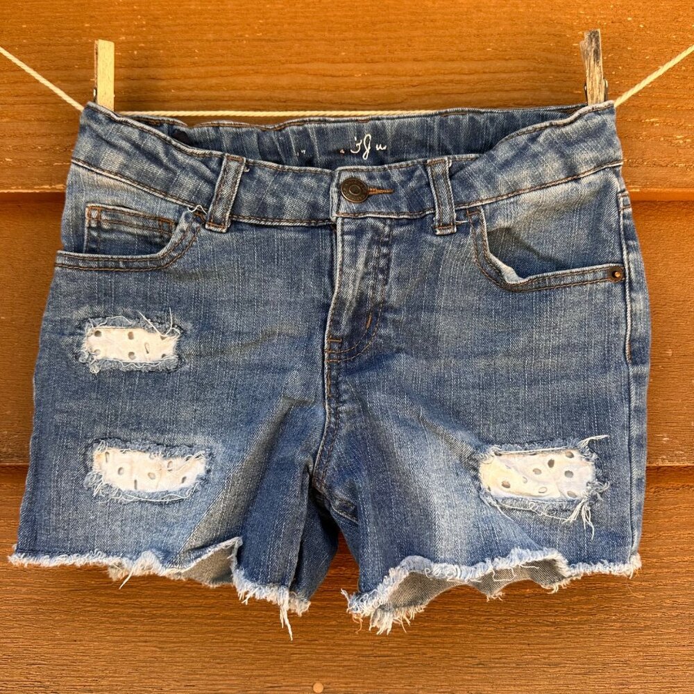 Cat & Jack Girls Distressed Denim Shorts L 10/12 Blue Lace Patch Details Frayed - Picture 1 of 9